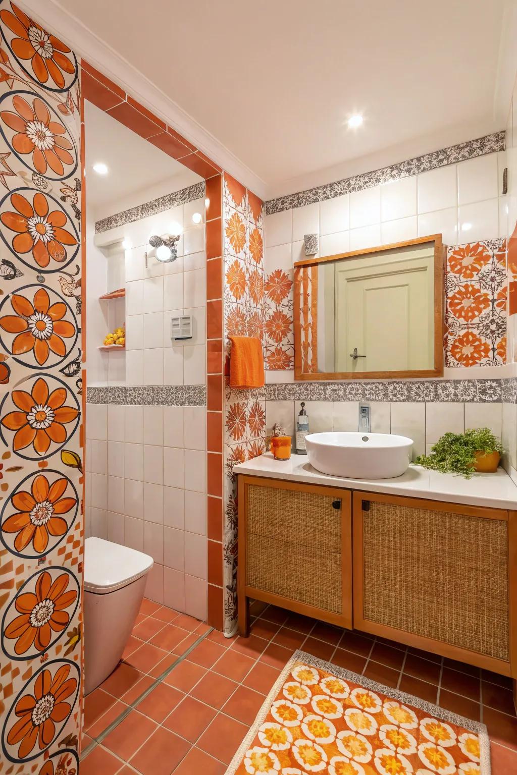 A bathroom adorned with citrus patterned panels for added character and joy.