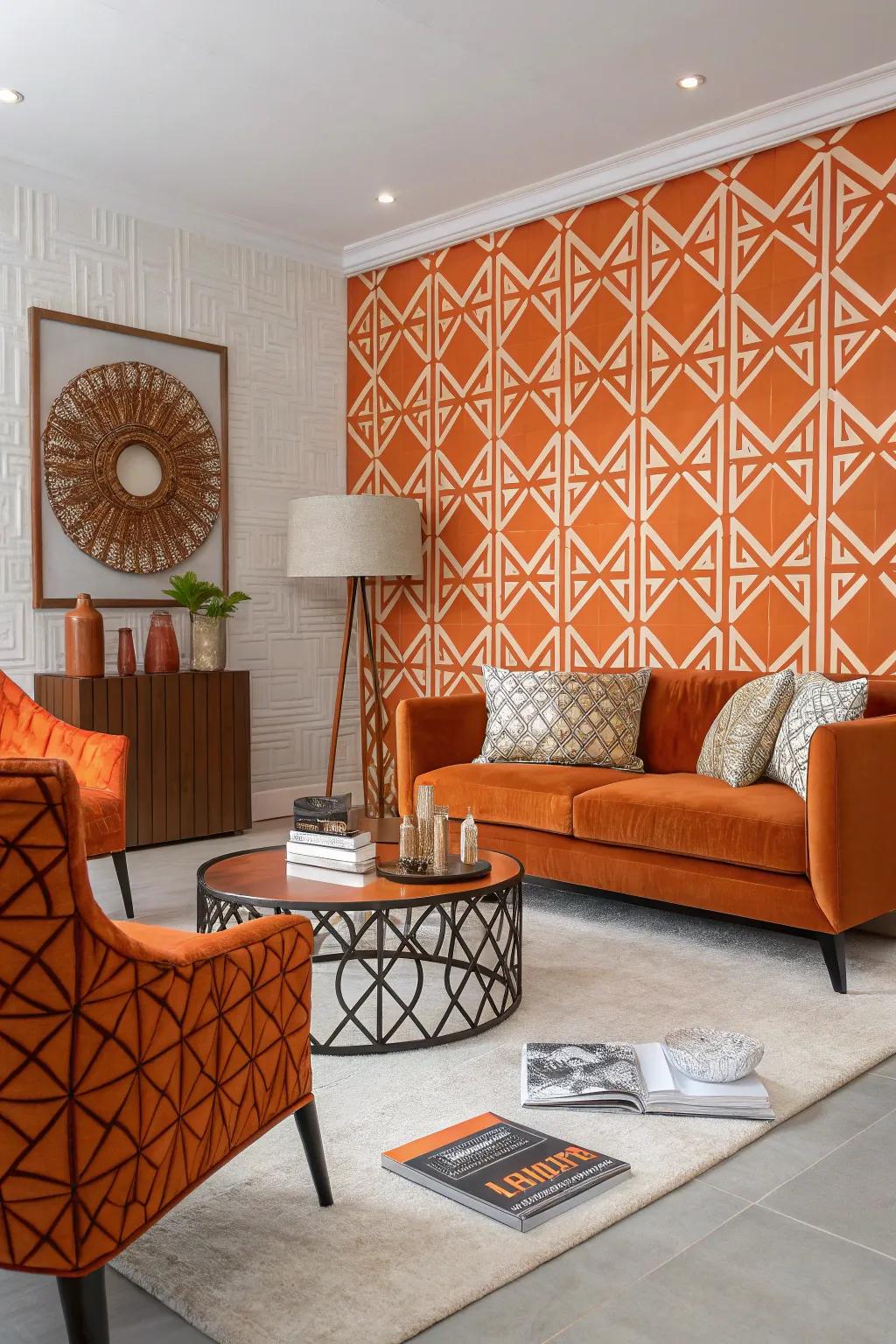 A modern living room featuring coral geometric patterned decor.