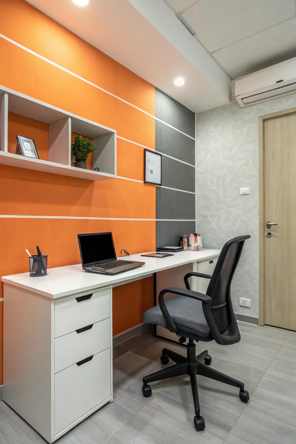 A workspace achieves a balanced, sophisticated look with its blend of tangerine and smoky gray.