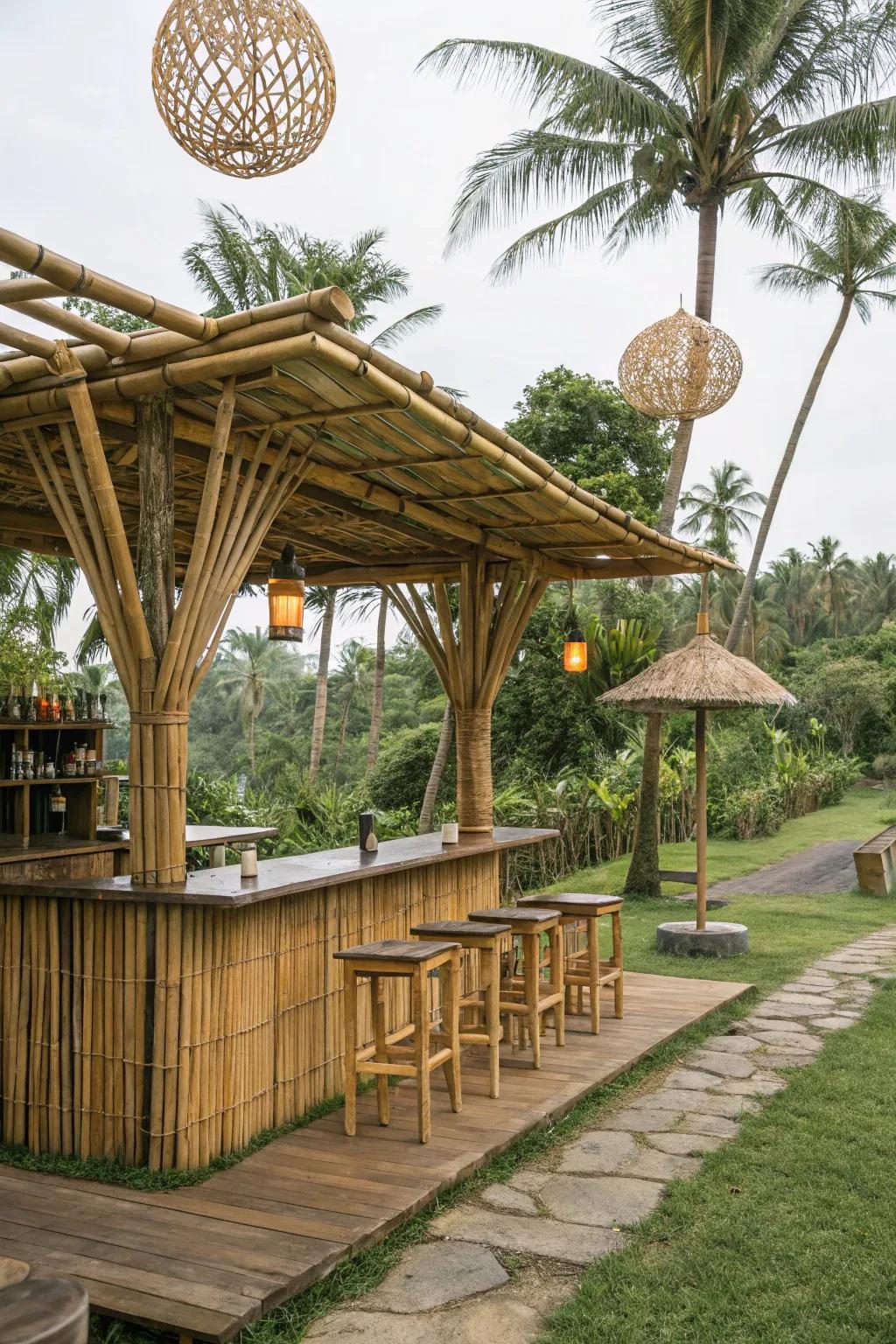 A bamboo bar brings tropical vibes to your backyard.