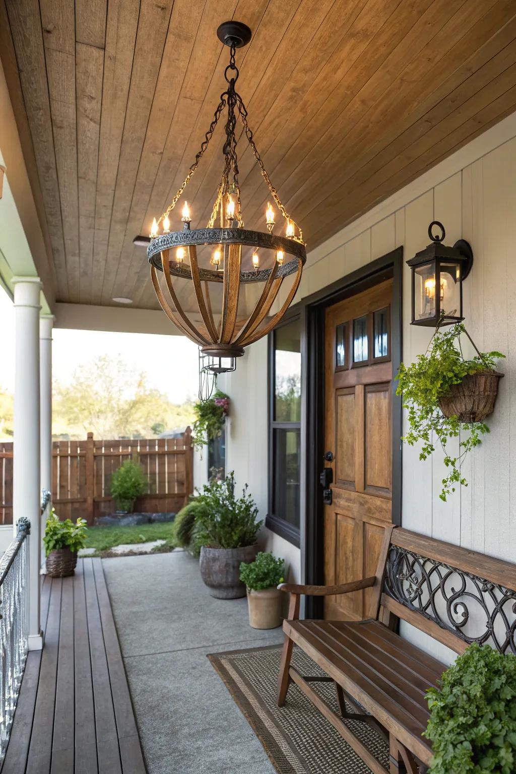 Bring rustic elegance to your porch with a farmhouse chandelier.