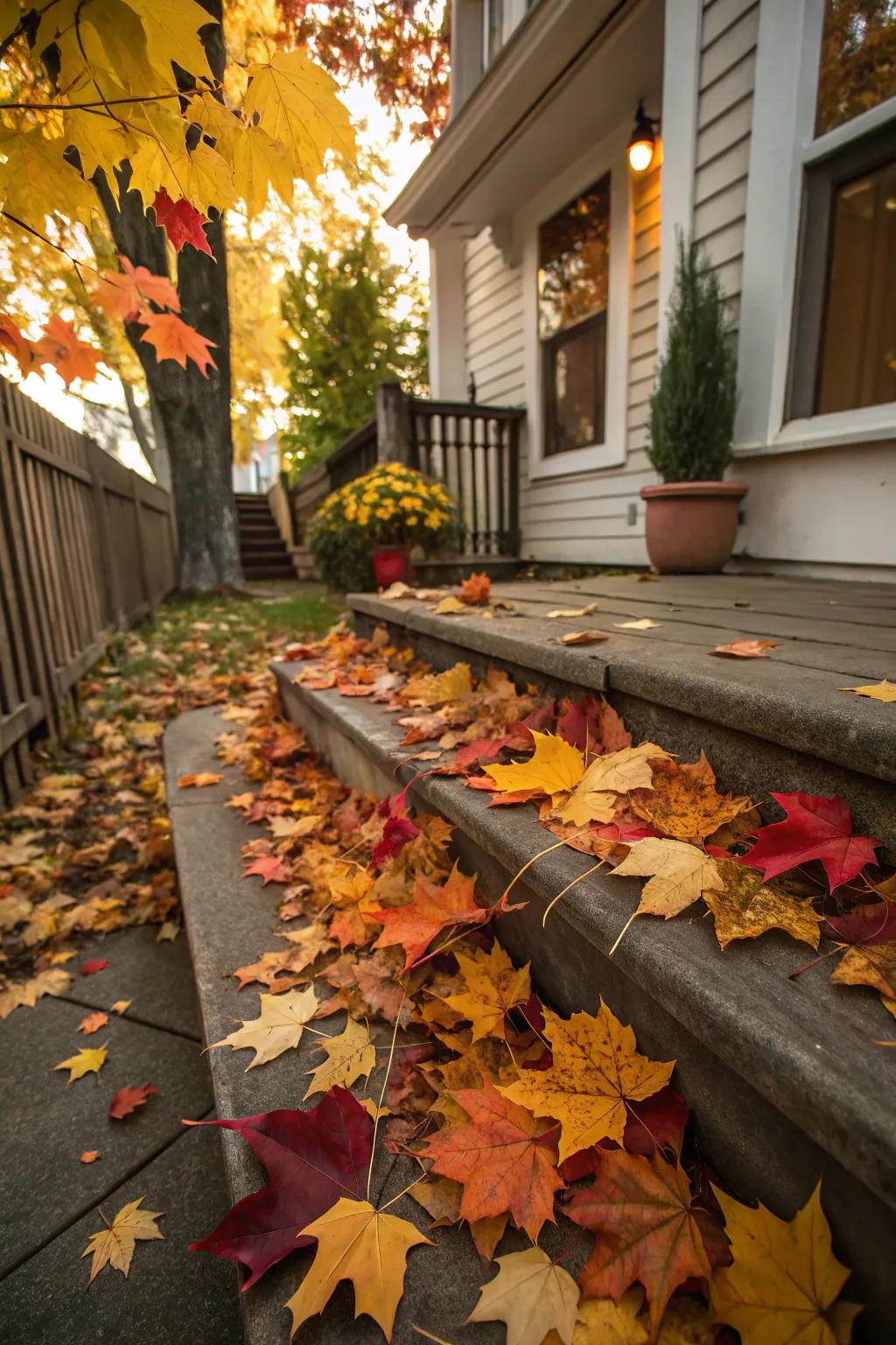 Dispersed fall foliage contributes a vibrant and natural flourish to the steps.