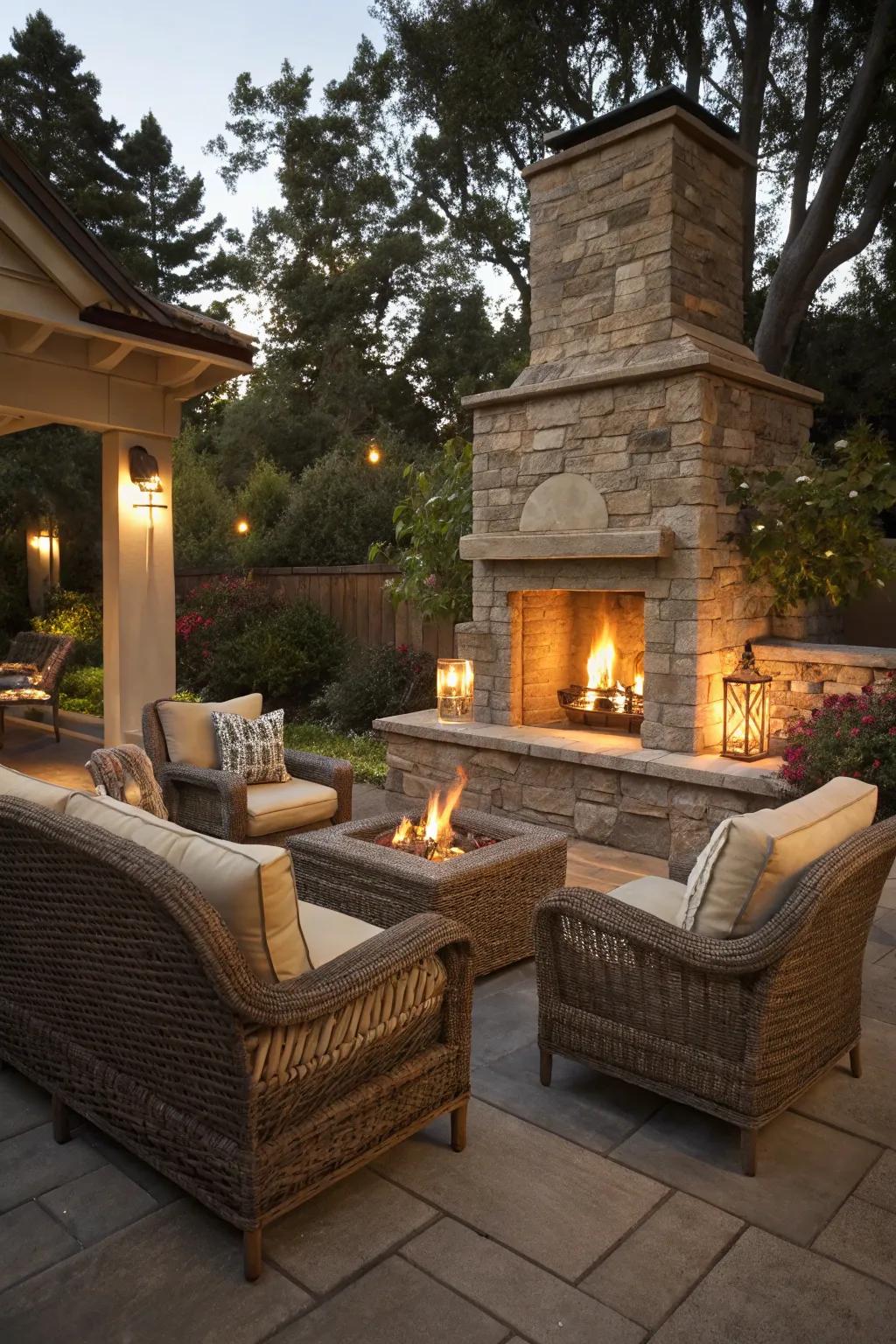 Enhance your fireplace area with the warmth of wicker comfort.