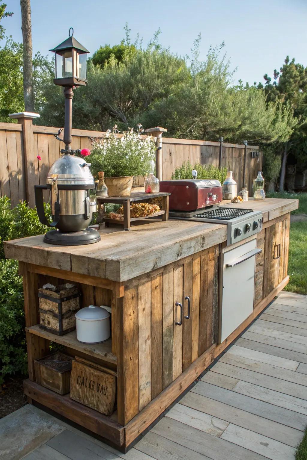 A charming outdoor kitchen island constructed from reclaimed wood and vintage accents.