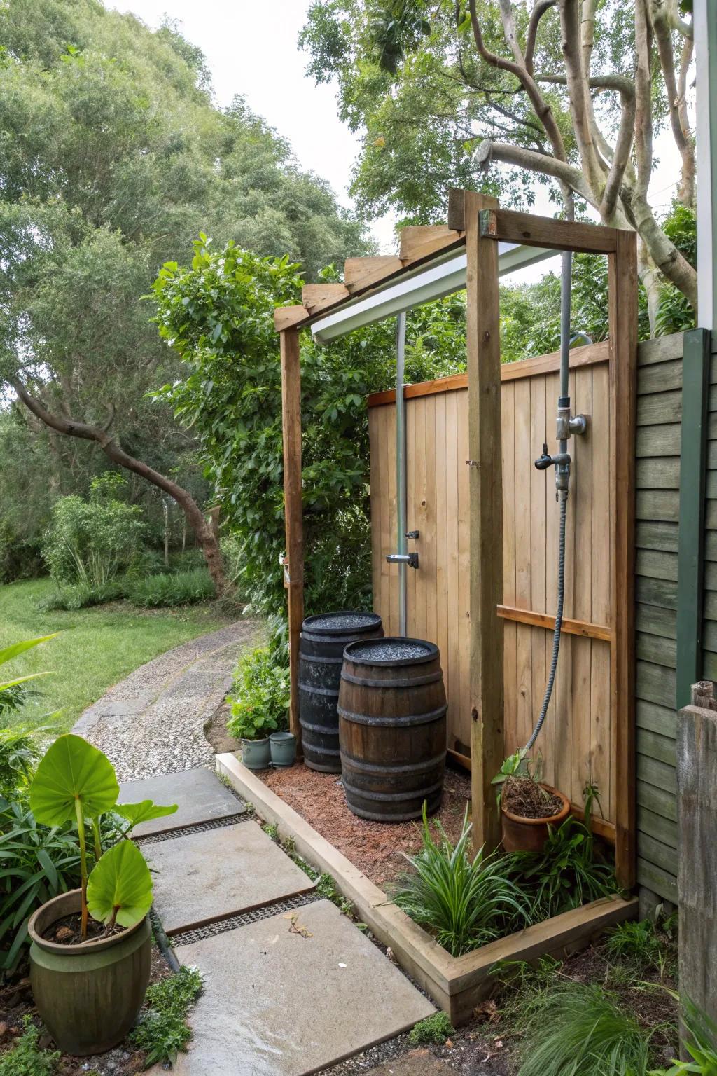 An eco-conscious outdoor shower that uses a rainwater mechanism.