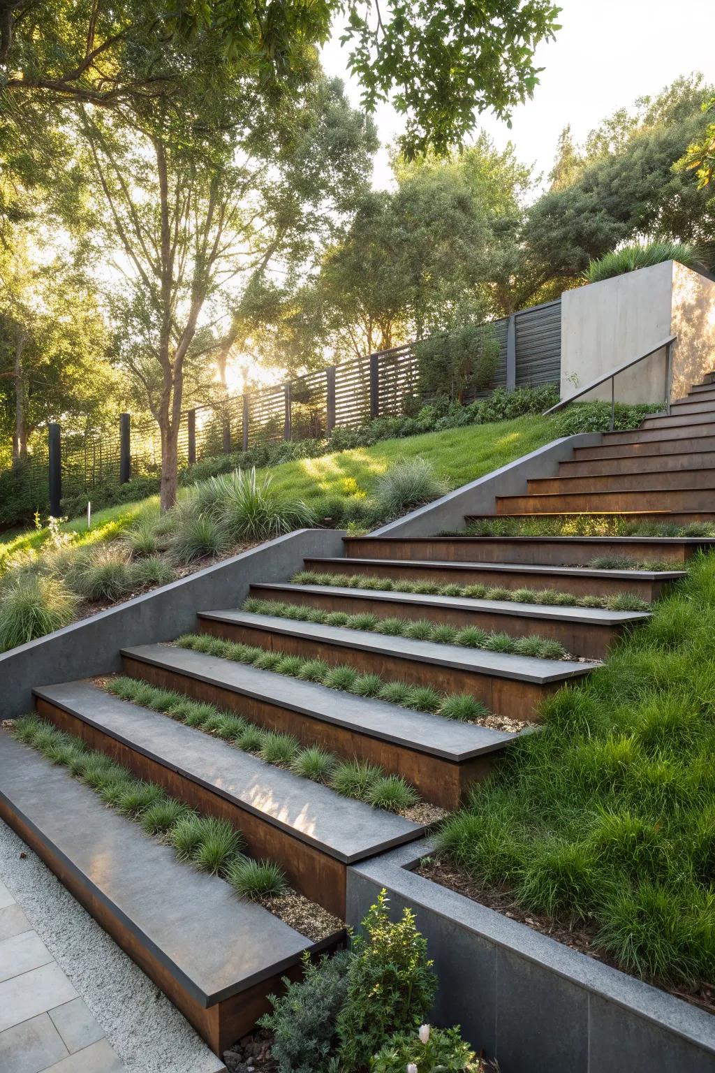 Steel and turf steps blend modern design with natural elements.