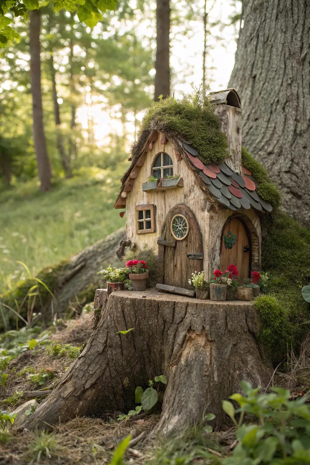 A whimsical abode on a stump adds magic to the garden.