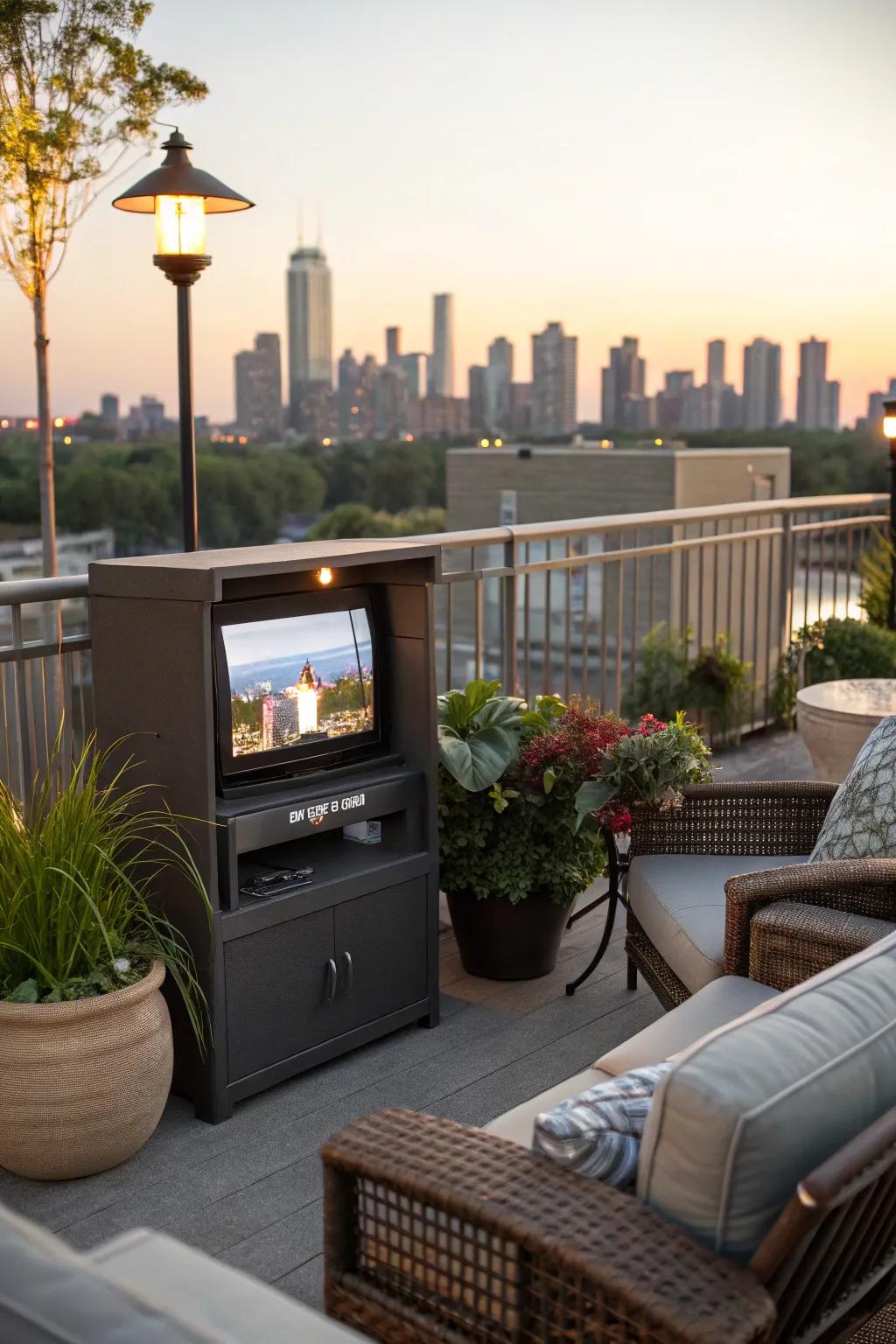 Maximize small spaces through a compact balcony TV setup.