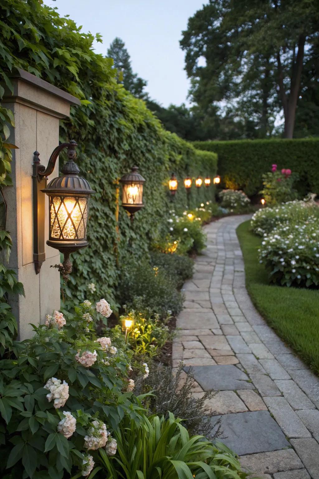 Charming wall lights light the way.