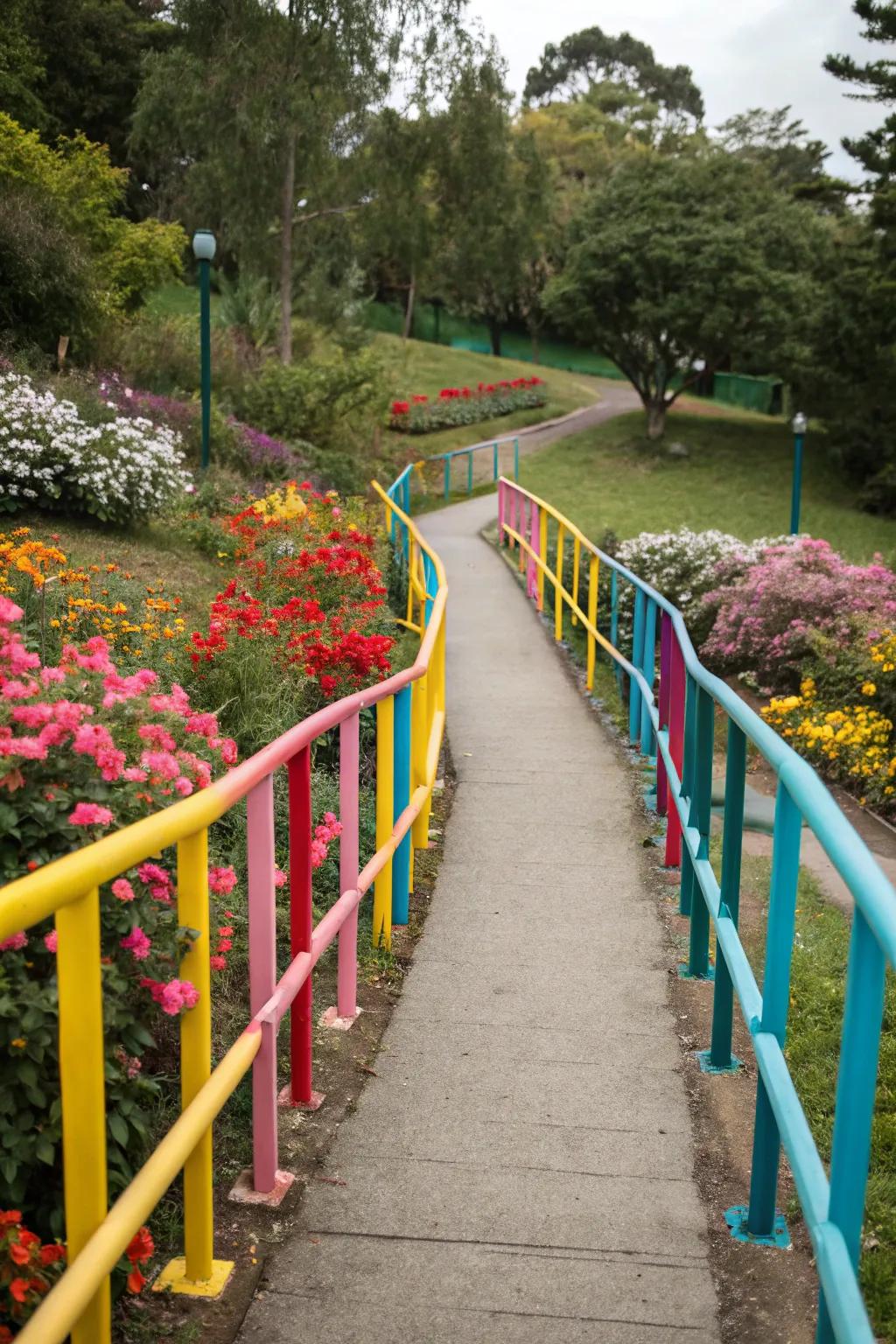Colorful painted railings add a playful touch to garden paths.