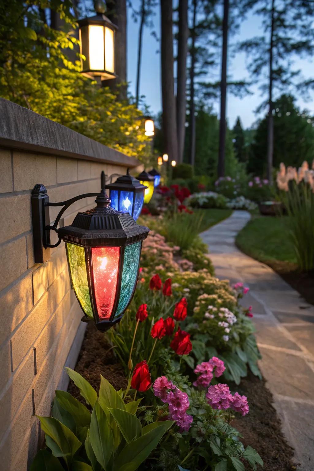 Colored glass adds a whimsical touch to outdoor lighting.