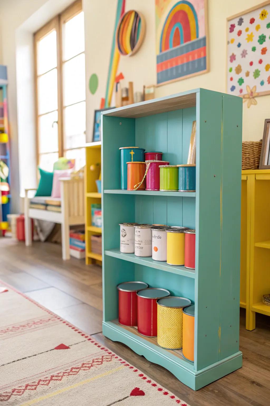 A colorful bookcase repurposed for storing paint cans.