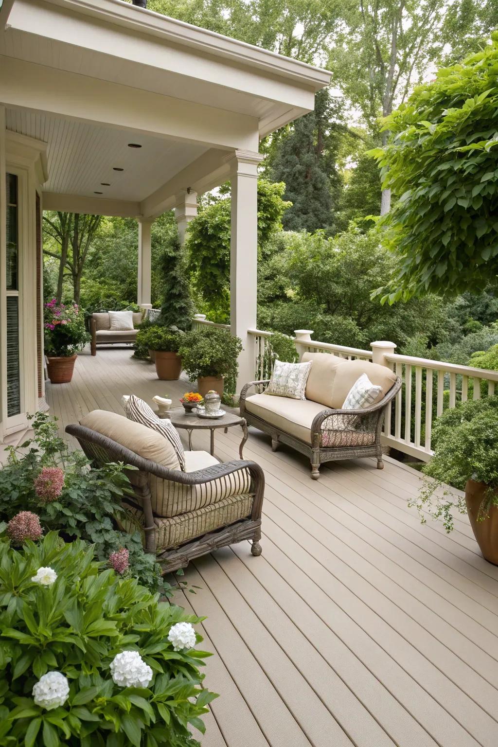 A sophisticated sandstone deck, providing a neutral scene for outdoor decor.