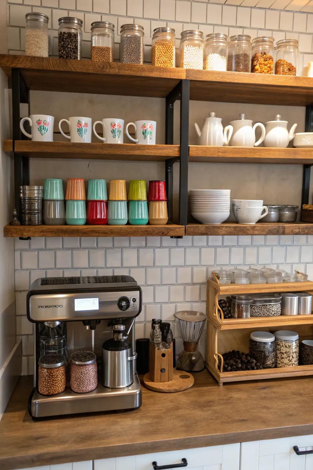 Floating shelves add openness and display your favorite mugs beautifully.