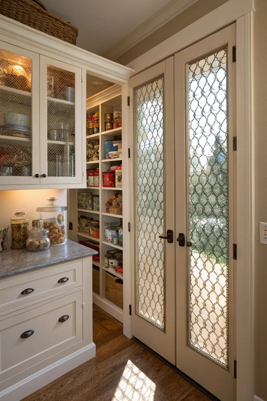 Patterned glass doors offer texture and a touch of design.