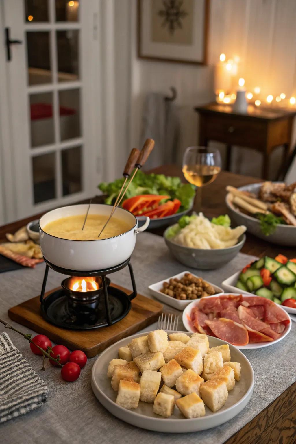 A delightful cheese fondue setup that promotes communal dining.