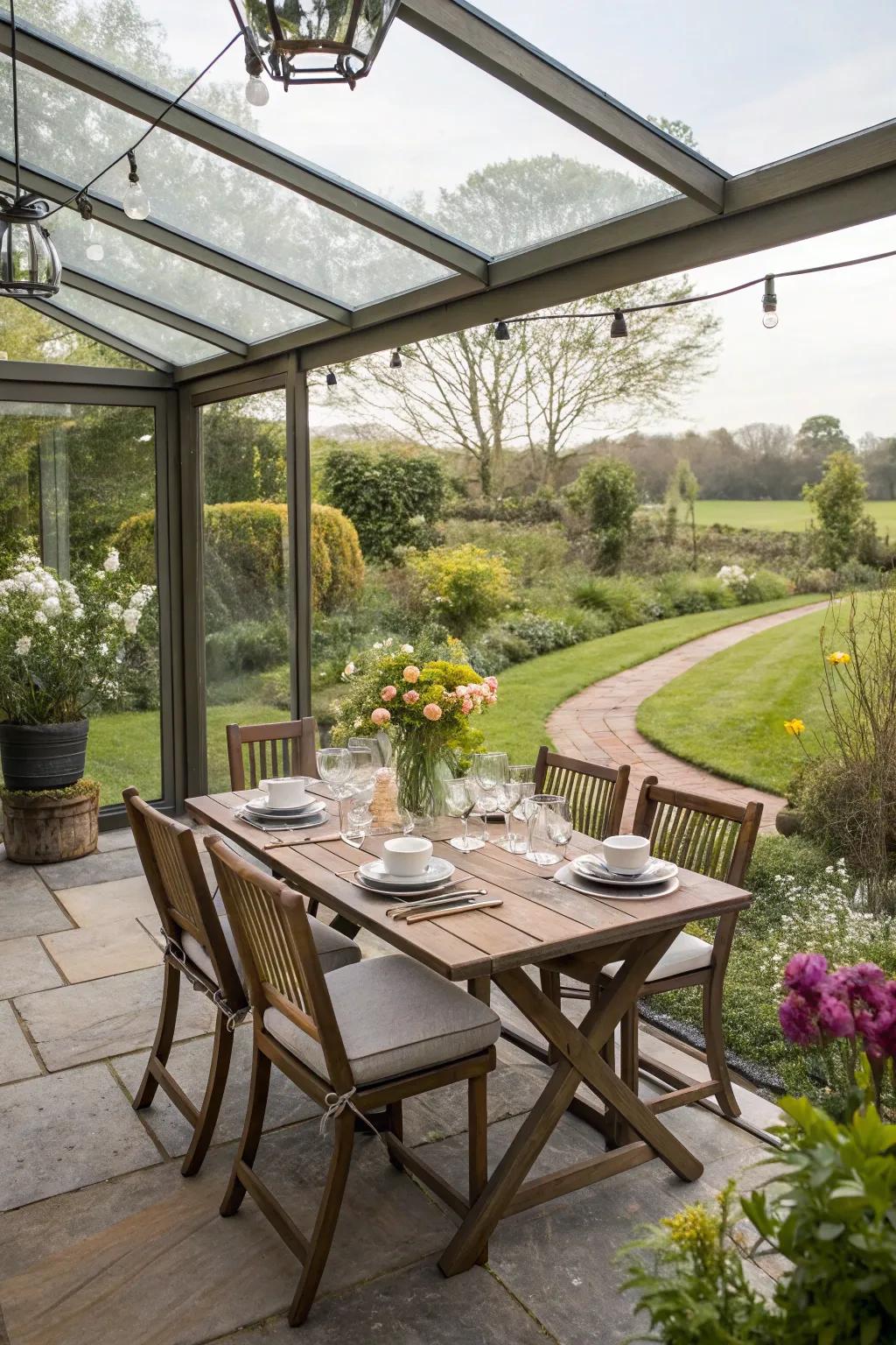 Eat with nature in a beautiful outdoor setup.