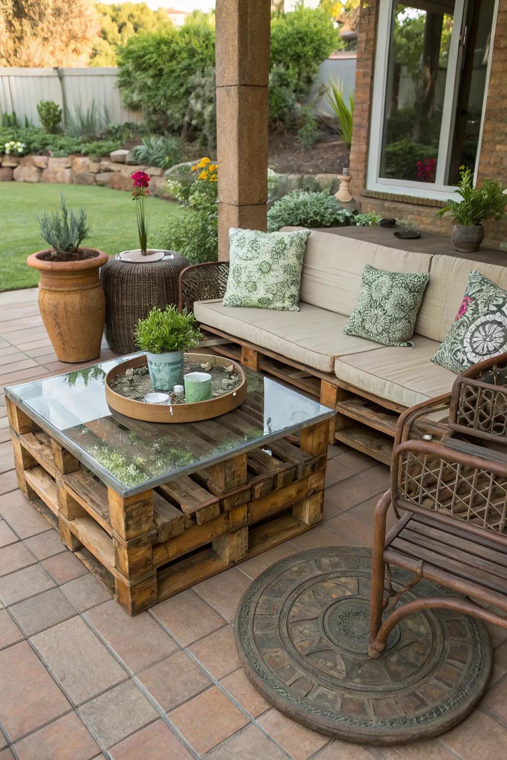 Patio features crafted from recycled materials adding character.