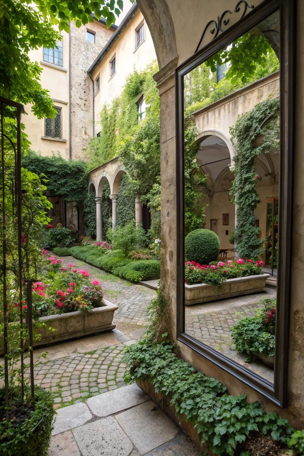 Mirrors create an illusion of depth and amplify garden greenery.