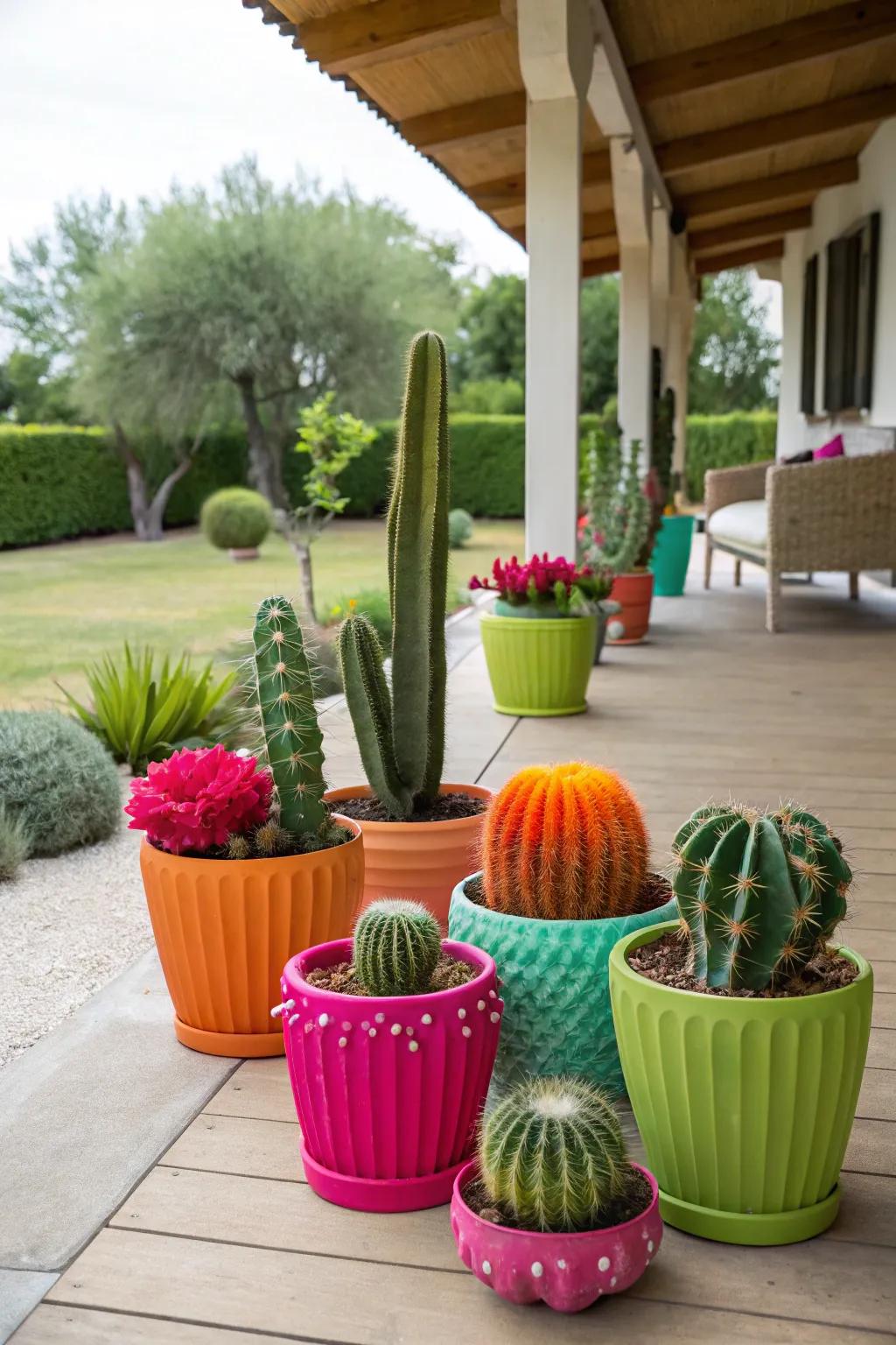 Add drama with colorful and architectural cacti.