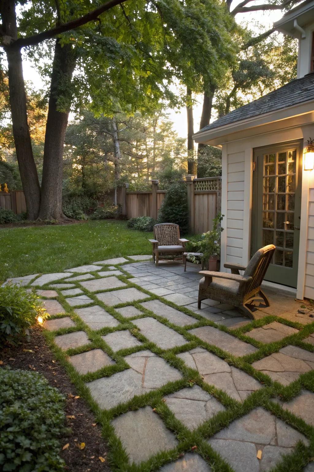 Mixing pavers with greenery defines different zones on a patio.