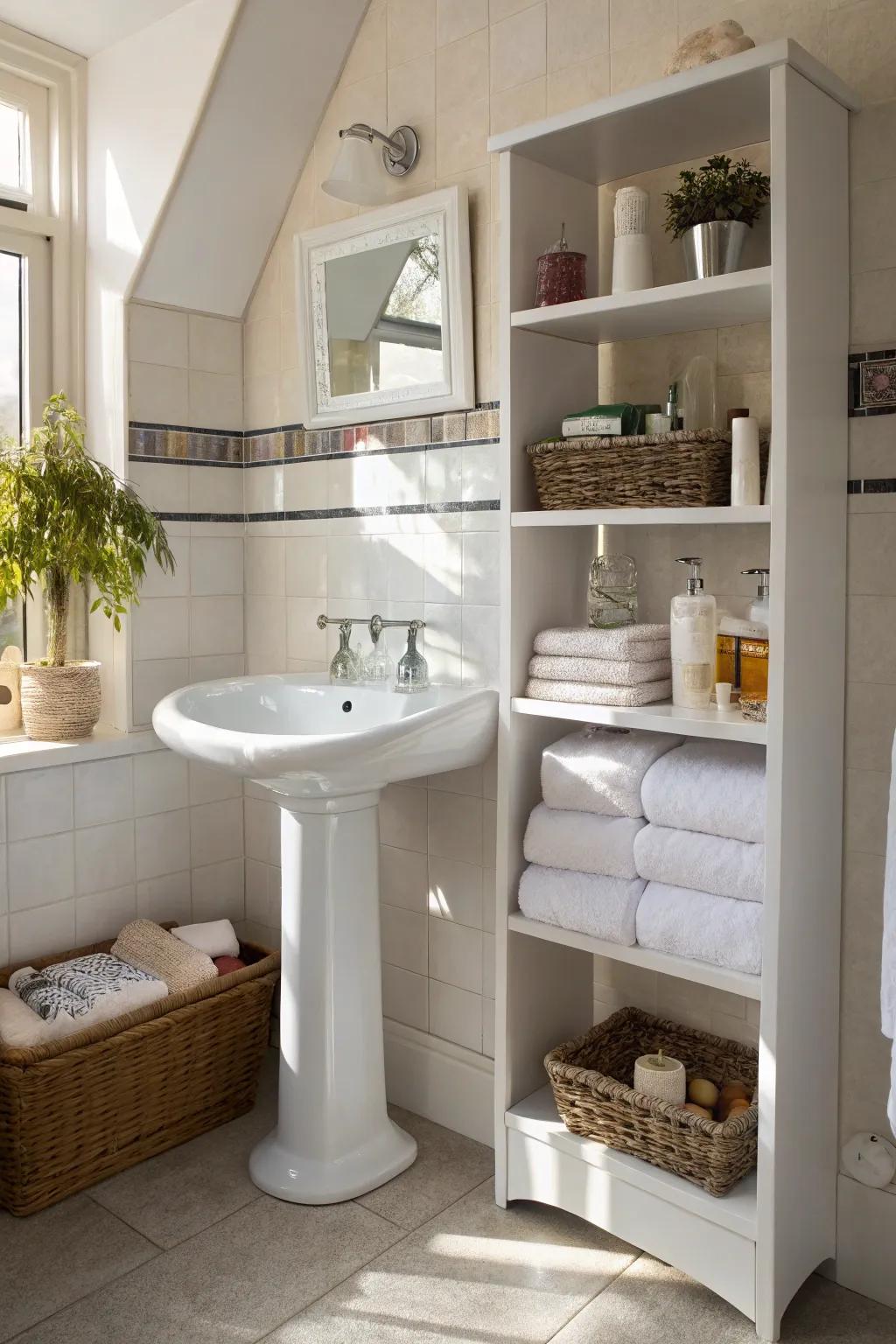 Corner shelves maximizing every inch.