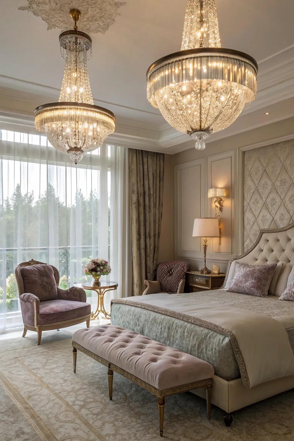 Glamorous pendants introduce a touch of opulence.