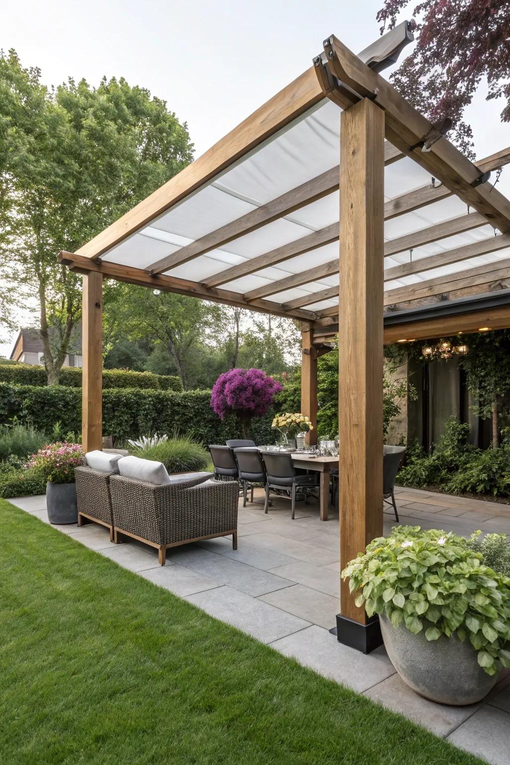 Retractable roofs offer adaptable privacy and weather protection.