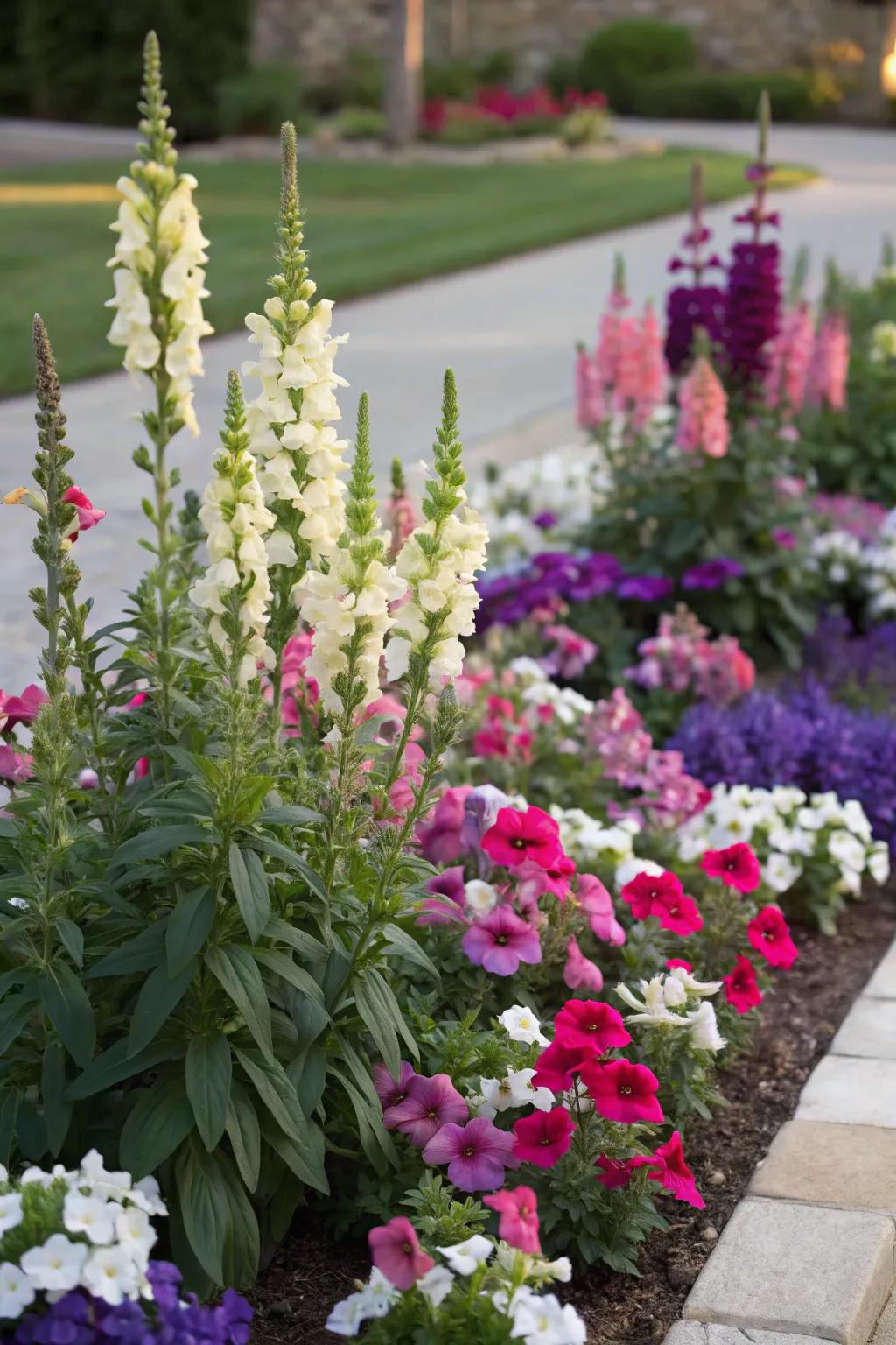 A vertical pop of color is added to petunia gardens with snapdragons.