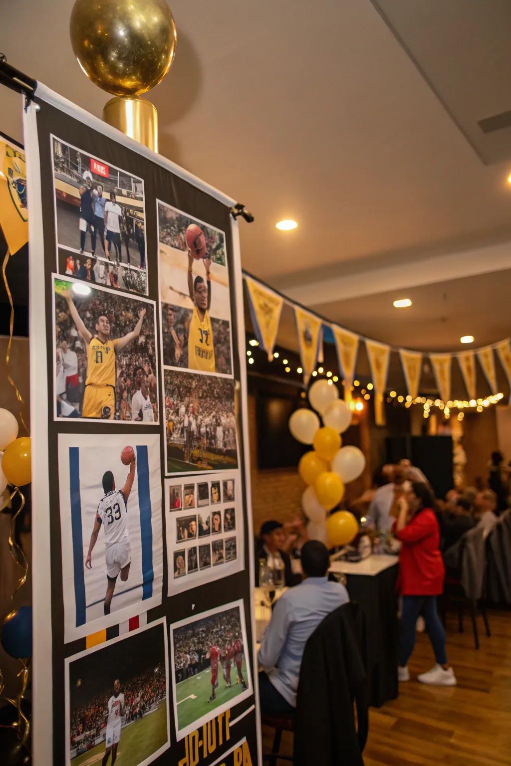 A sports enthusiast display featuring images and collectibles.