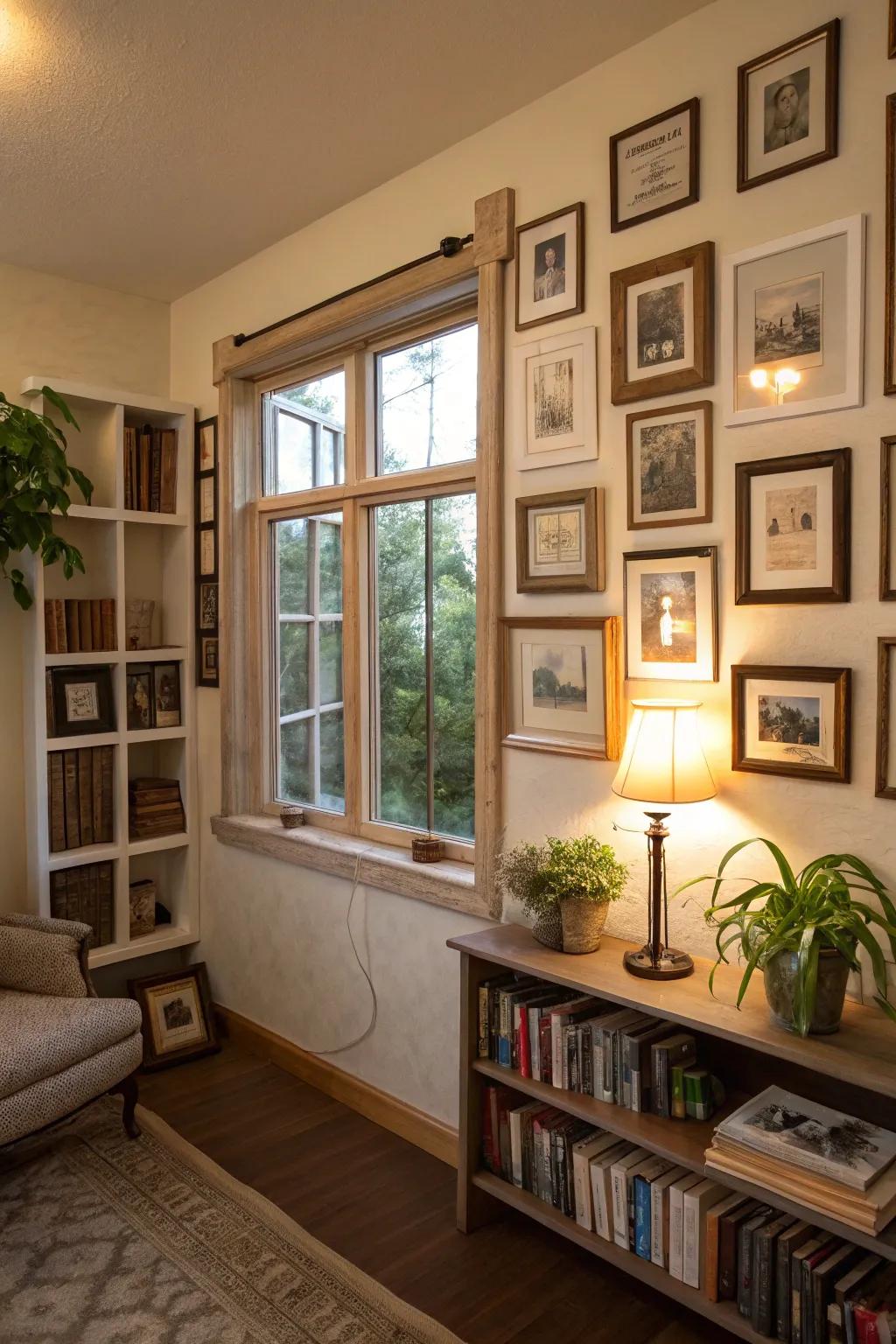 Frames arranged in the form of a window can visually broaden your area.
