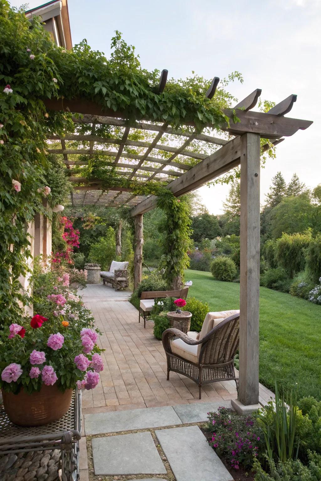 A pergola-inspired archway bridges indoor and outdoor spaces beautifully.