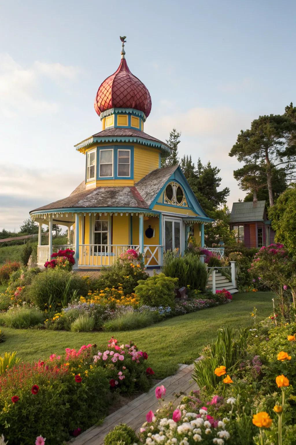 A house with a vibrant cupola, contributing a playful element.