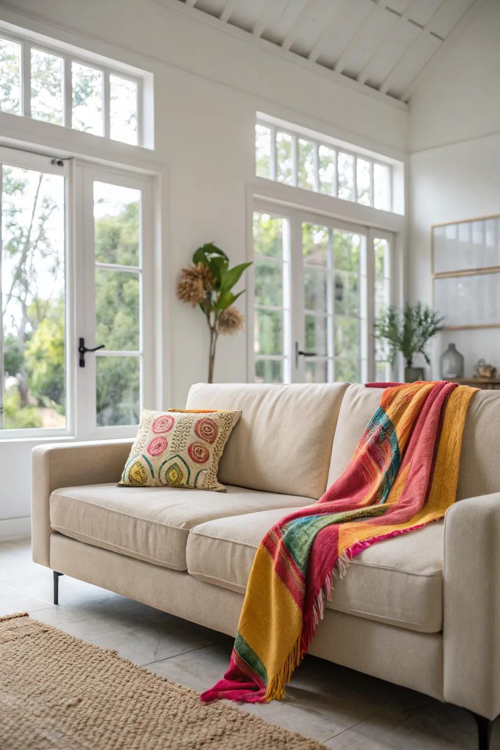 A bright throw on a neutral sofa, providing a sudden burst of color.