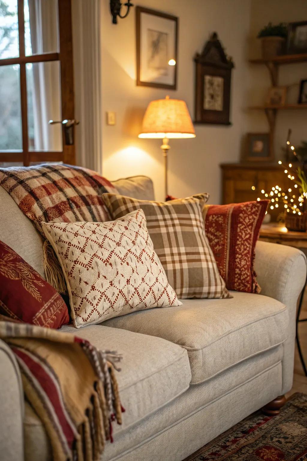 Vintage cushions adding charm and historical flair.
