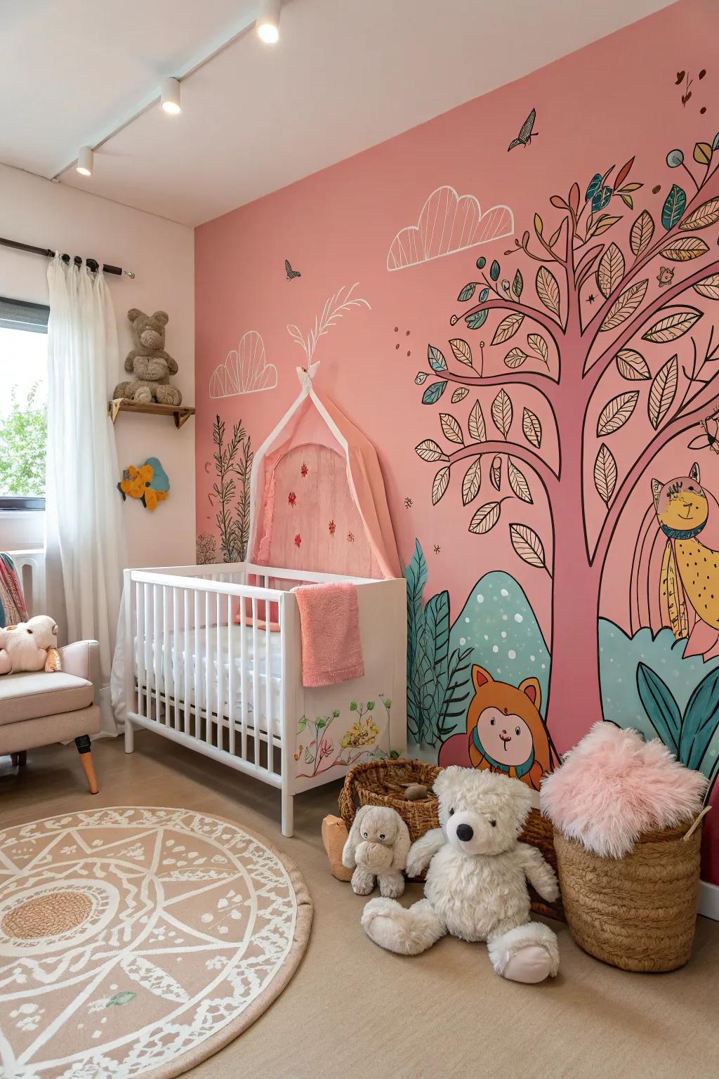 A nursery with an artistic wall art that serves as a captivating centerpiece.