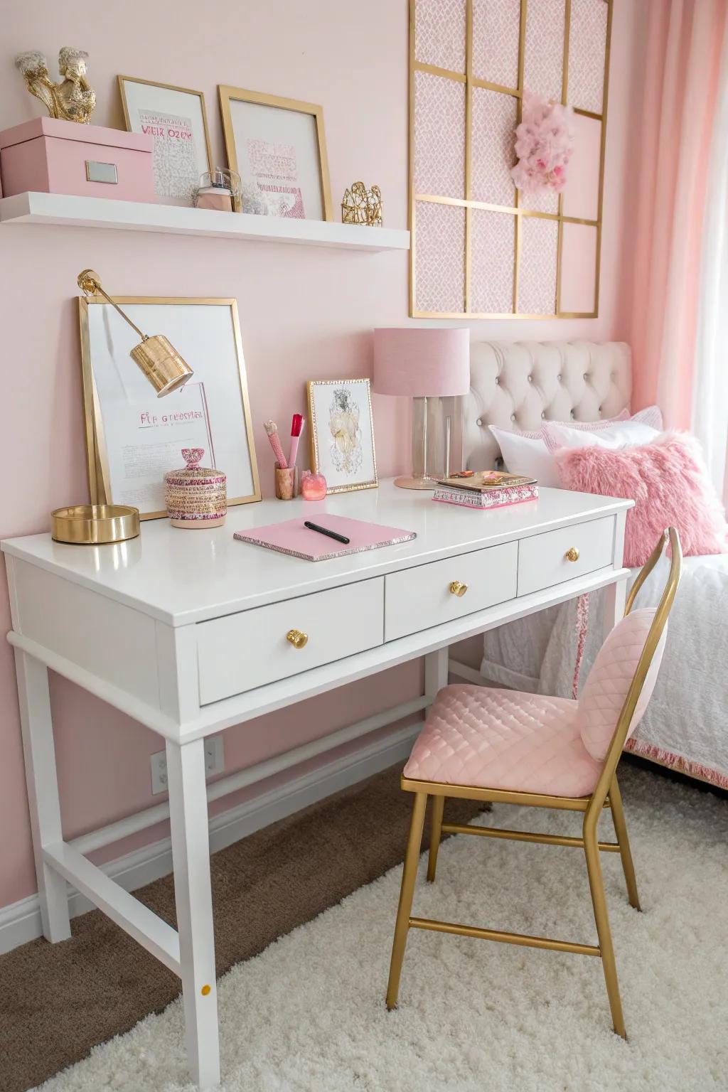 A chic desk offers a spot for creativity and learning.