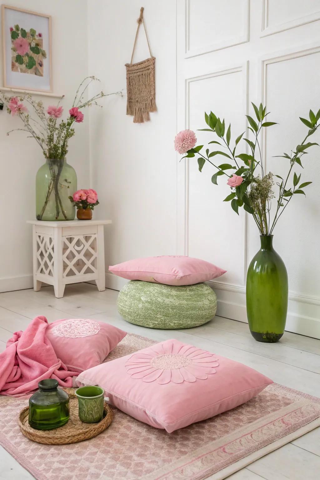 Minimalist pink and green decor creates an elegant look.