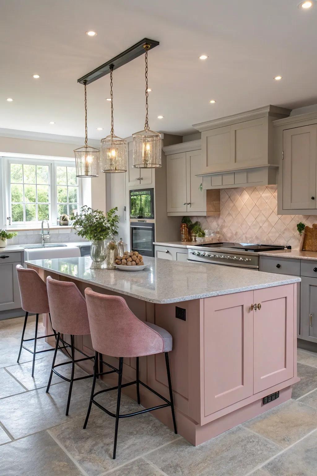 A striking rose and grey island as the kitchen's main attraction.