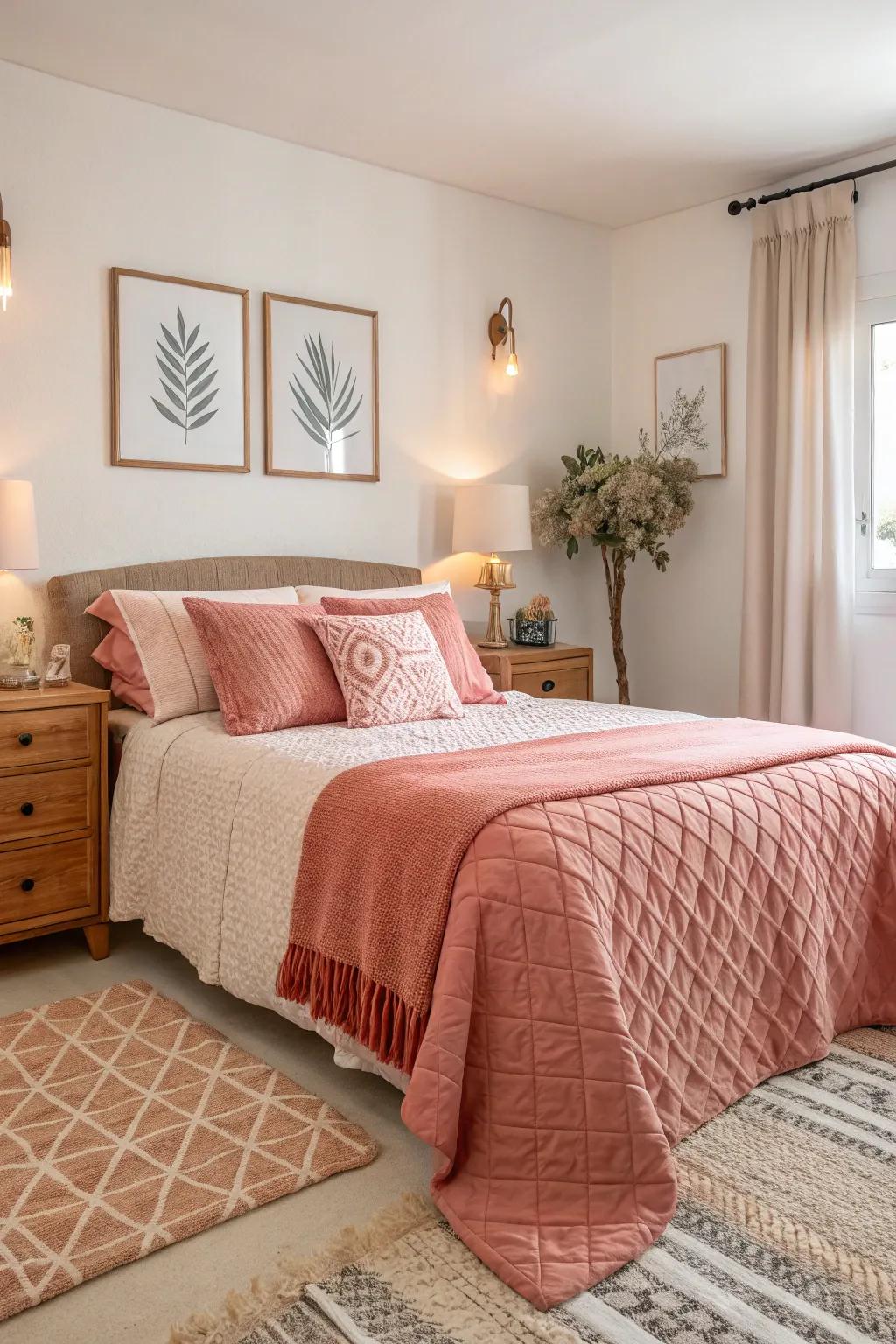 Coral kiss and ivory tones bring energy and balance to your bedroom.