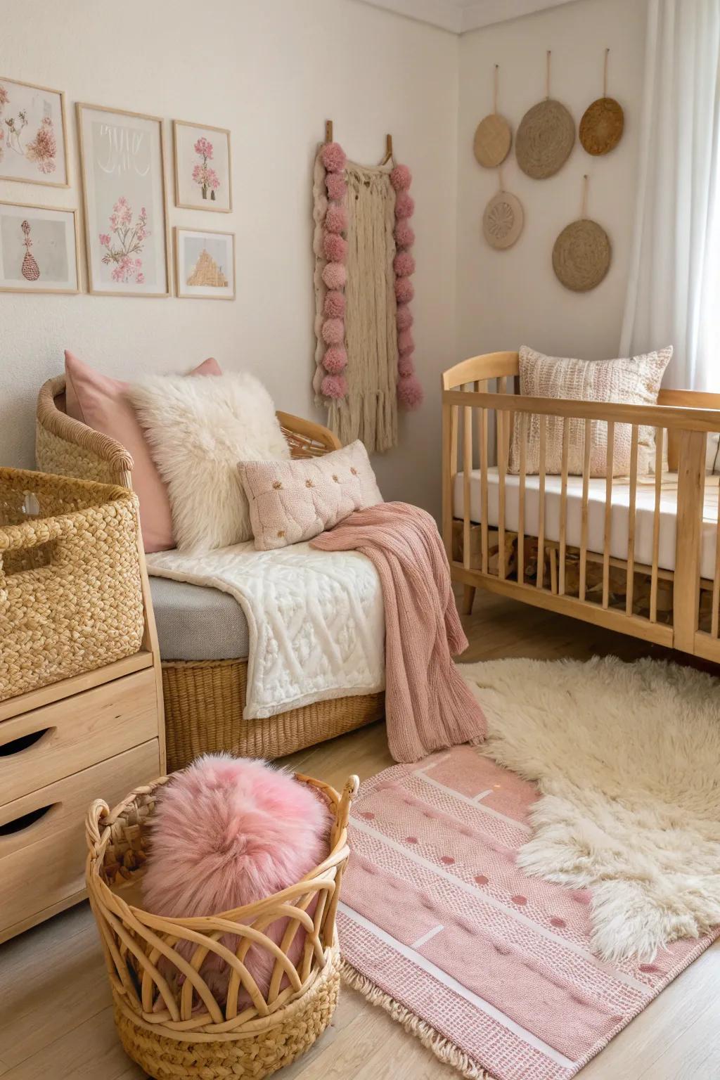 Layered textures create a rich and inviting nursery environment.