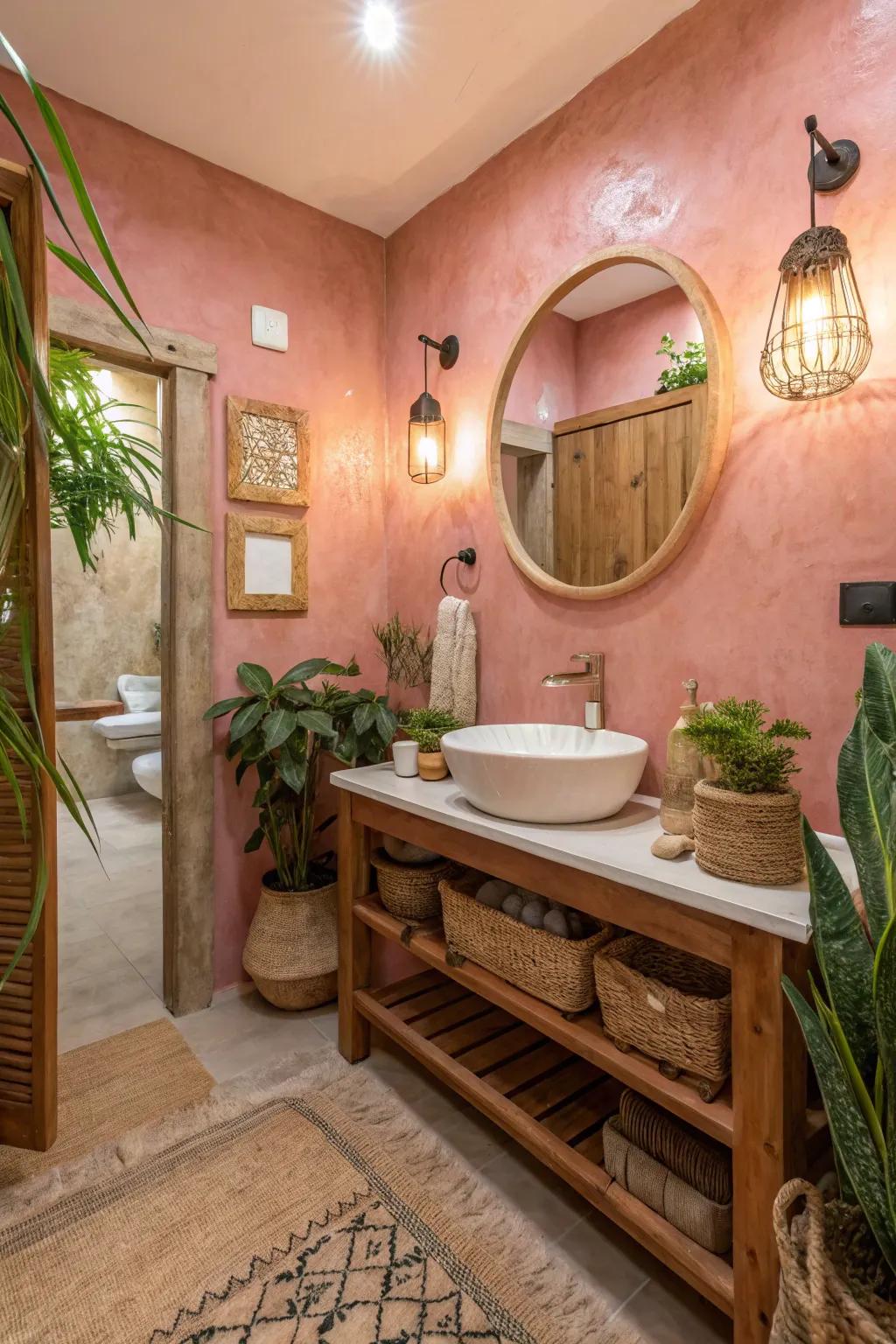 Warm rose plaster walls offer distinct texture.