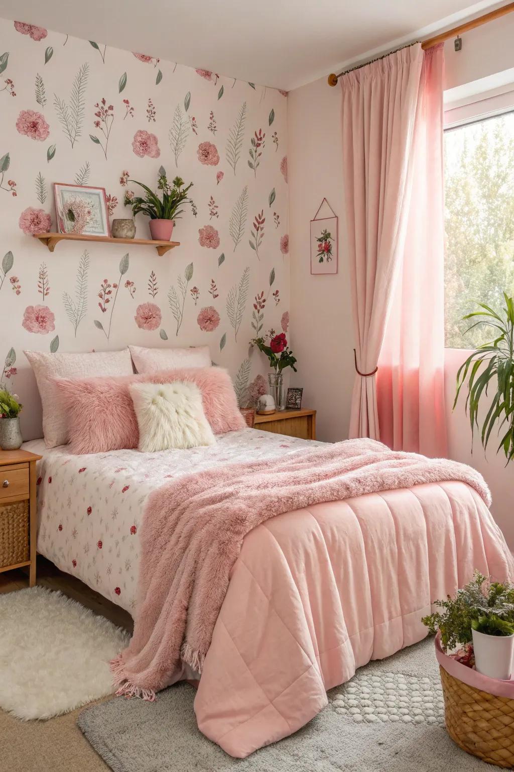 Seasonal rose decor elements add a festive touch to this cozy bedroom.