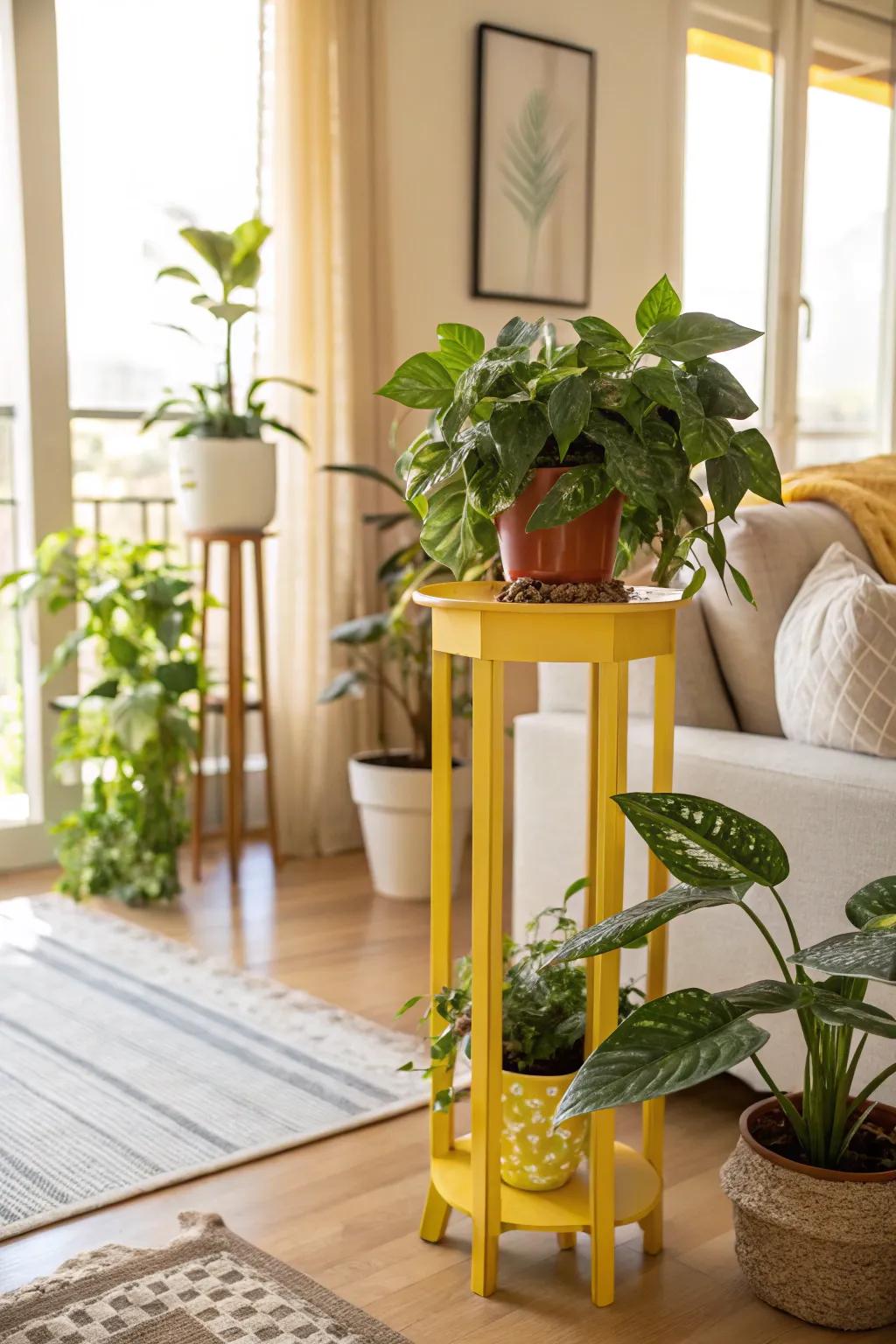 Add energy using vibrant, colorful plant stands.