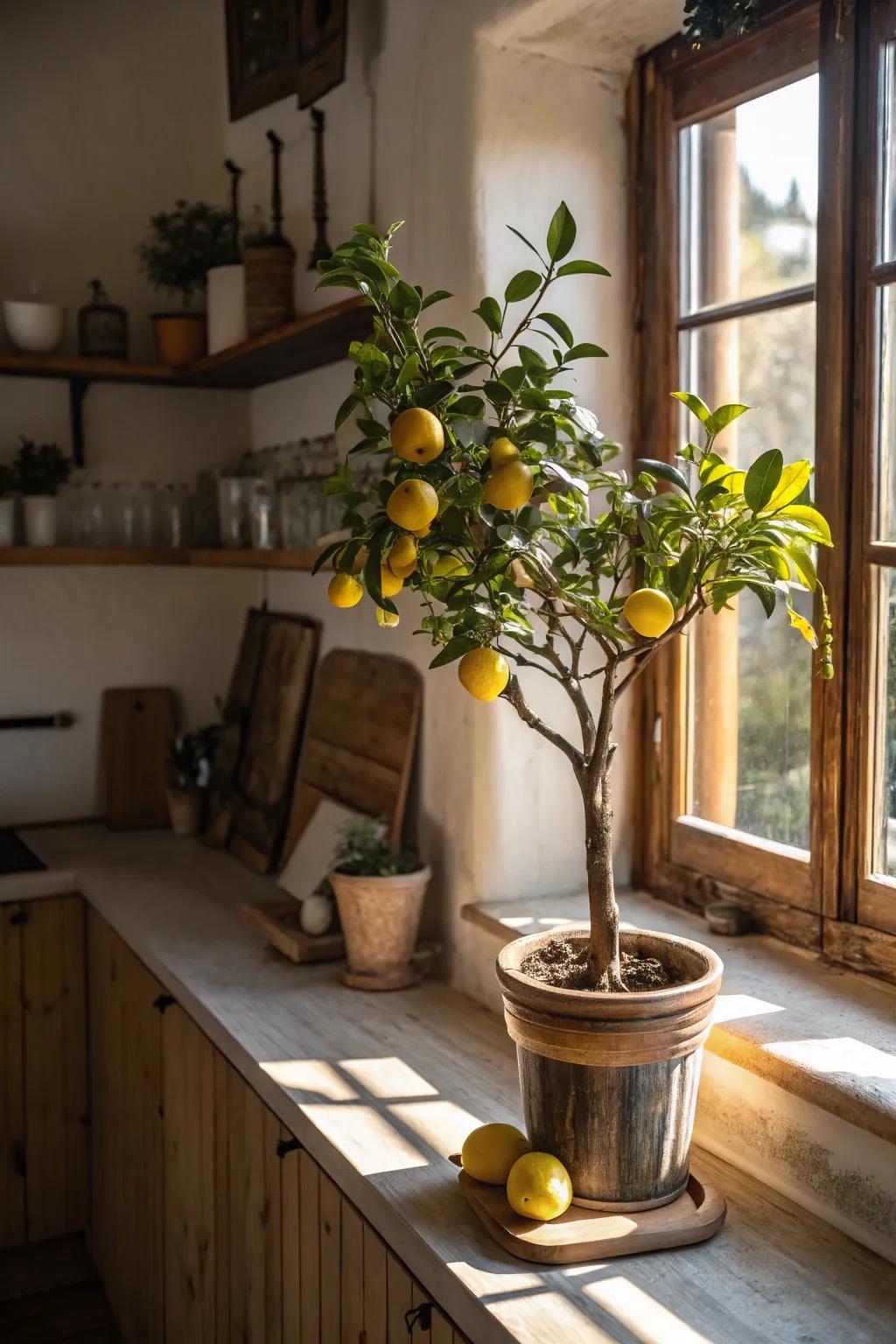 An indoor citrus tree, combining beauty and practicality for mom's kitchen.