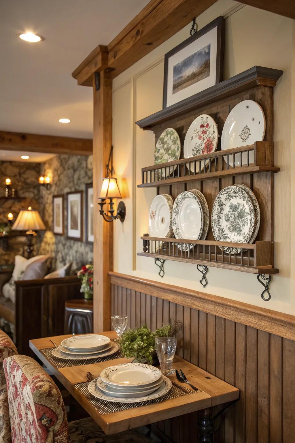 A dining area featuring a textured display ledge presentation