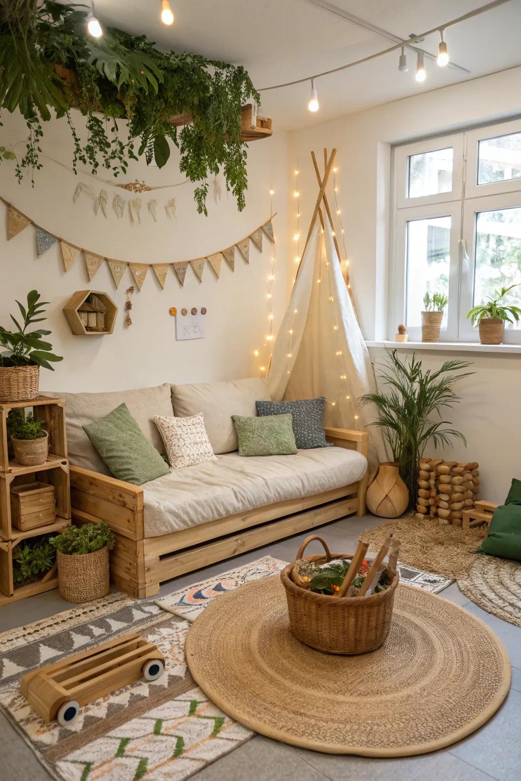 An earth-conscious playroom featuring a couch made of sustainable materials.