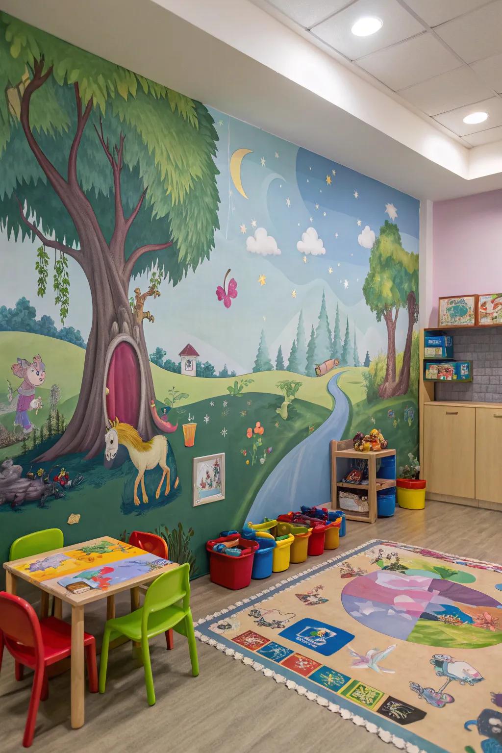 Whimsical murals serve as storytelling canvases for endless adventures.