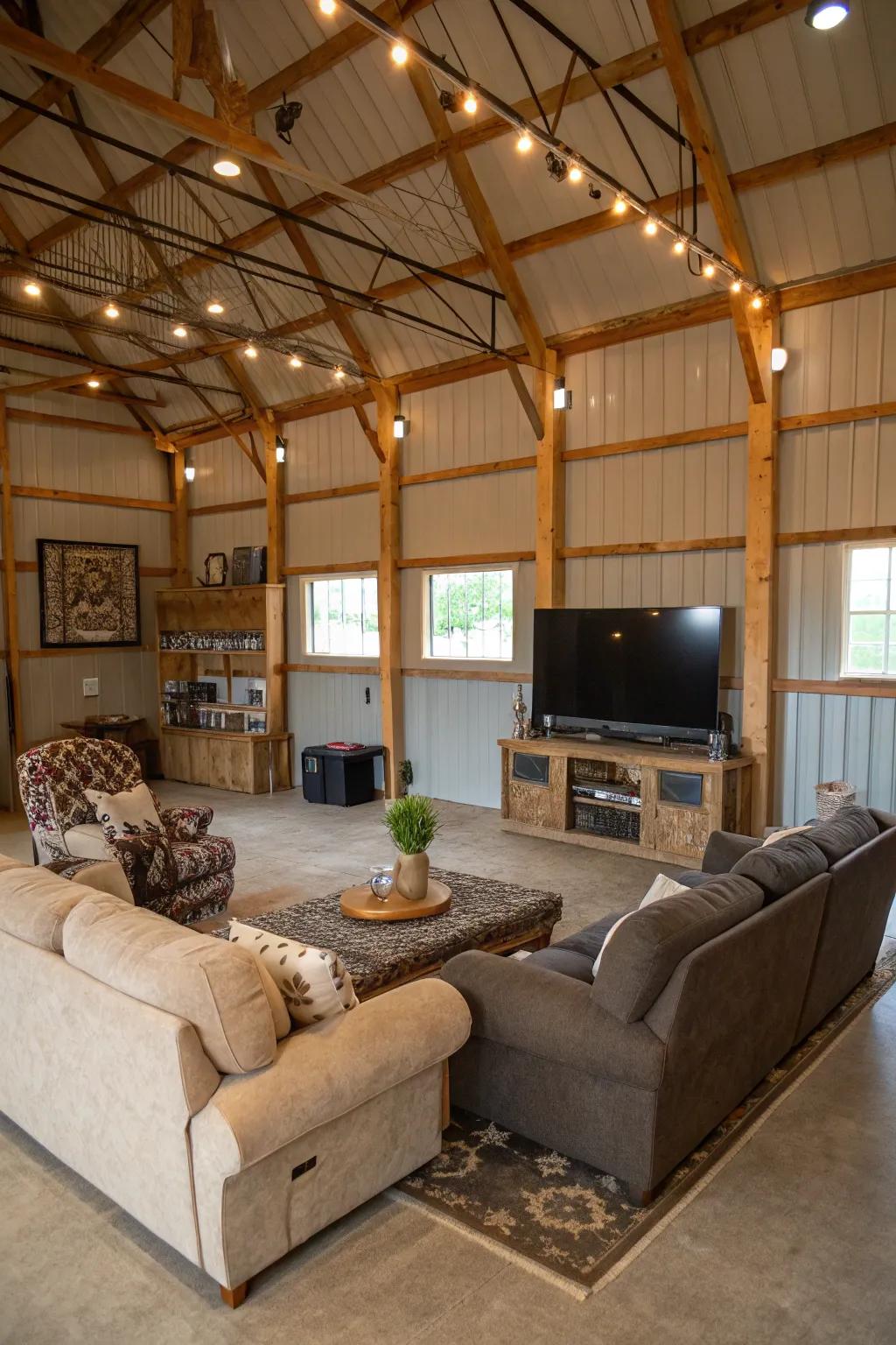 A family entertainment zone in a pole barn with a TV area and comfy seating.