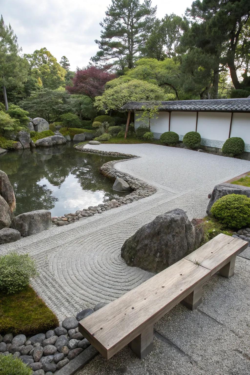 Zen lithic garden seating proposes a meditative zone by the pond.